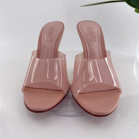 Schutz Womens Size 5.5 Aprill Vynil Slip On Open Toe Wedge Sandals Pink Gold - Picture 2 of 12